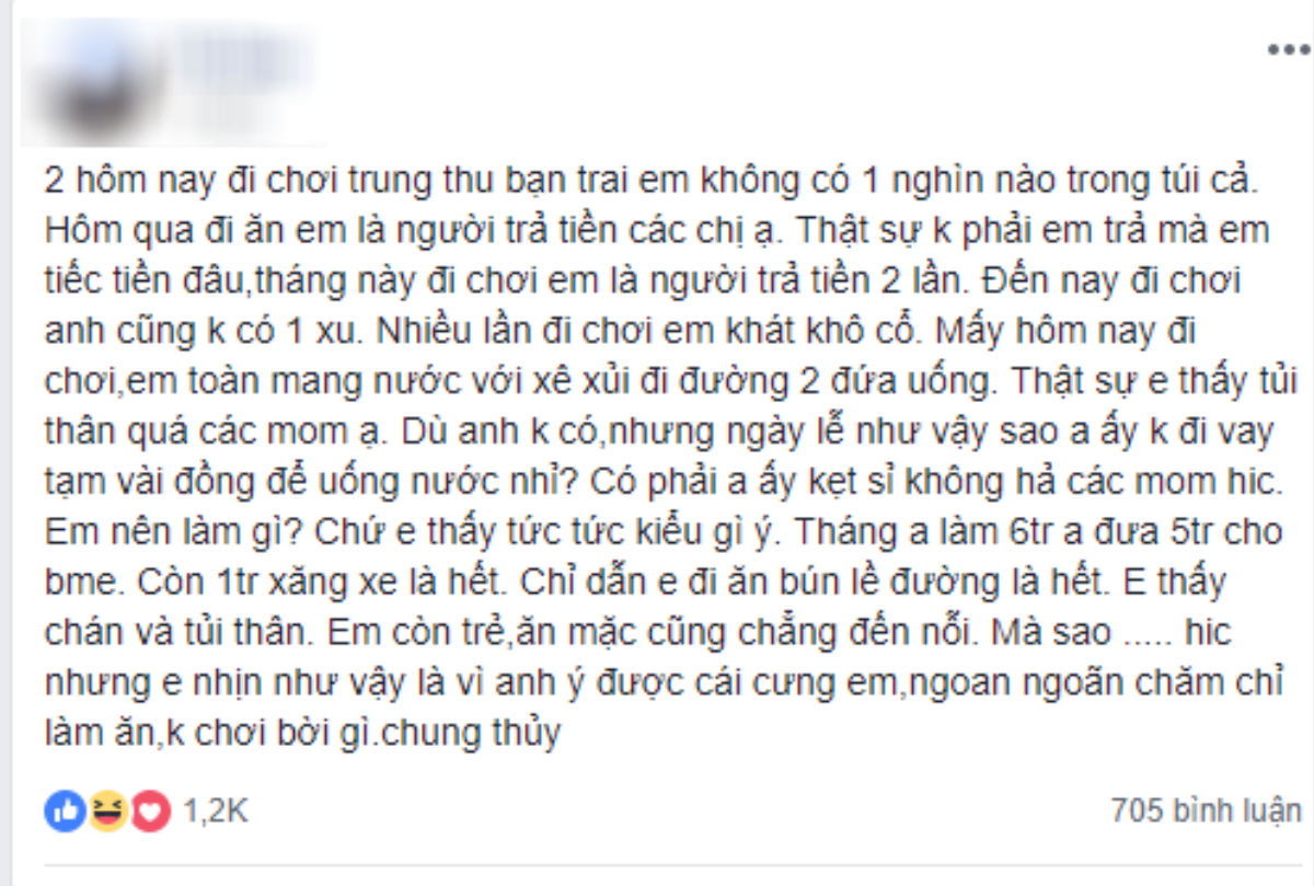 Cô gái tủi hờn khi nhiều lần đi chơi với người yêu đều đứng ra lo 'tình phí', khát khô cổ họng phải mang theo nước và C sủi để uống gây tranh cãi Ảnh 1