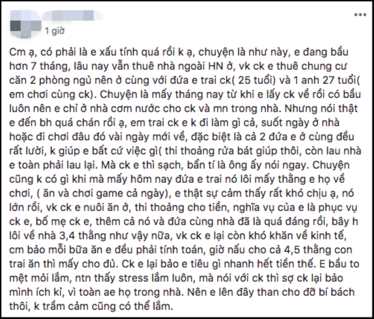 Mẹ trẻ uất ức vì khệ nệ ôm bụng bầu 7 tháng vẫn phải hầu hạ em chồng vô công rồi nghề và ‘chăm’ cả bạn xã hội của chồng Ảnh 1