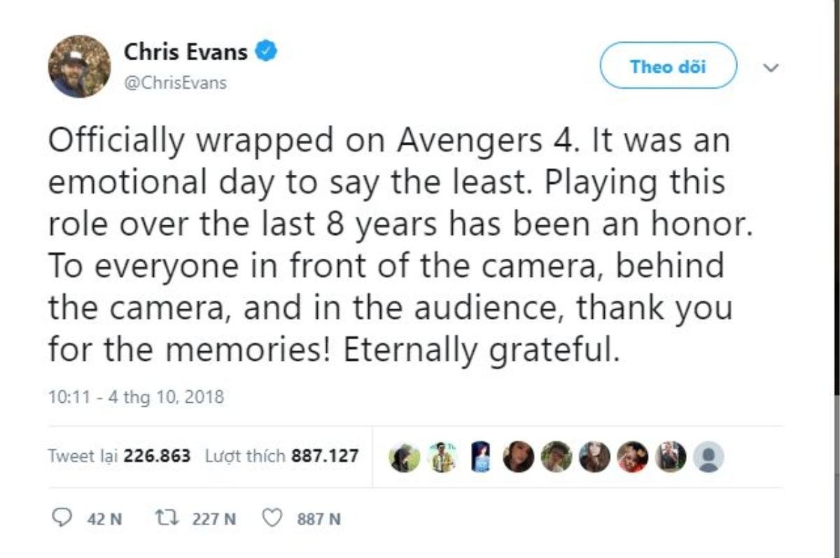 Xúc động trước tâm thư của Chris Evans cảm ơn 'Avengers 4' và chia tay nhân vật Captain America Ảnh 1