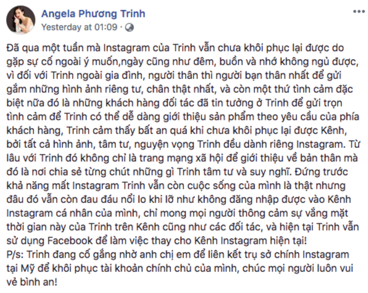 Angela Phương Trinh mất ngủ vì mất tài khoản Instagram gần triệu người theo dõi Ảnh 1