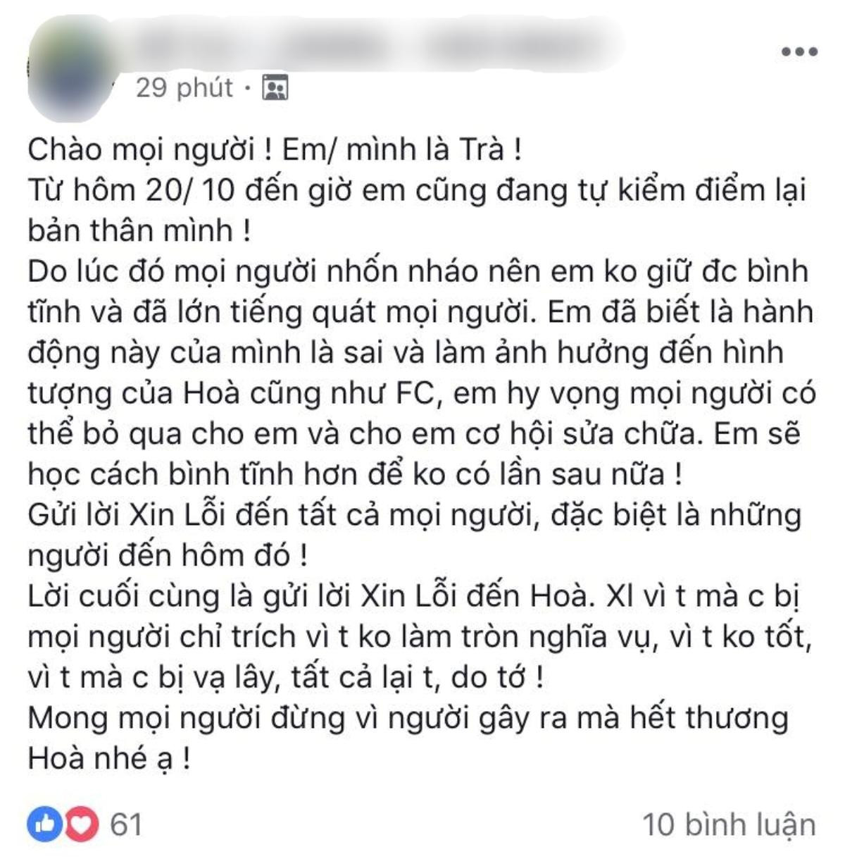 Trưởng FC Hòa Minzy 'quát mắng' fan như 'hát' chính thức lên tiếng: 'Mong mọi người đừng hết thương Hòa'! Ảnh 1