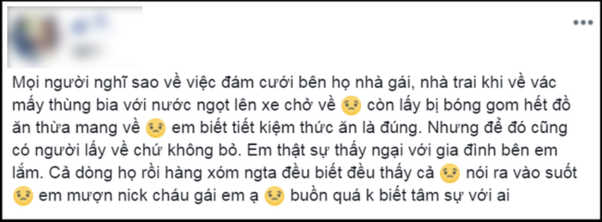 Cô dâu choáng váng vì nhà trai đến ăn cỗ mang theo túi lấy phần, khi về còn ‘tiện tay’ ôm cả thùng bia Ảnh 1