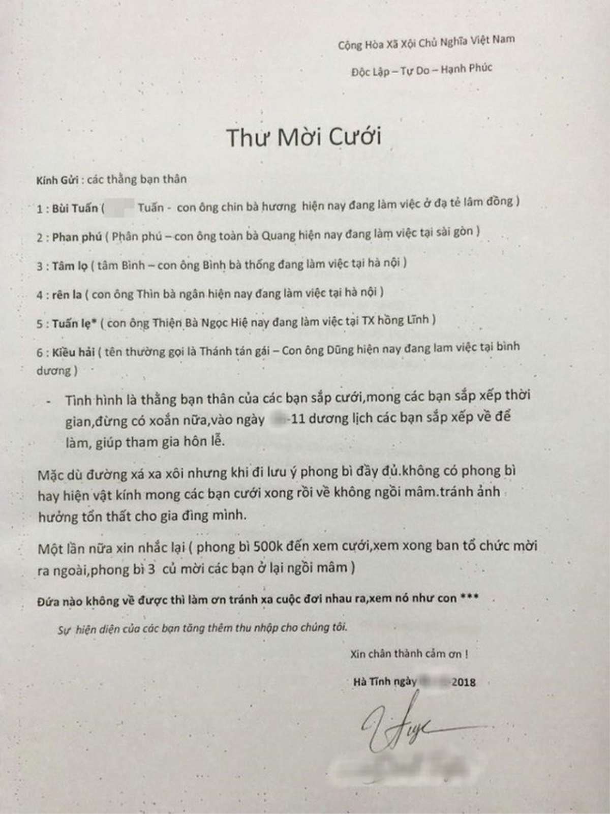 Tái mặt với thư mời đám cưới kèm theo lời nhắn 'phong bì 500k chỉ đến xem cưới, 3 triệu mới được ngồi mâm' Ảnh 1