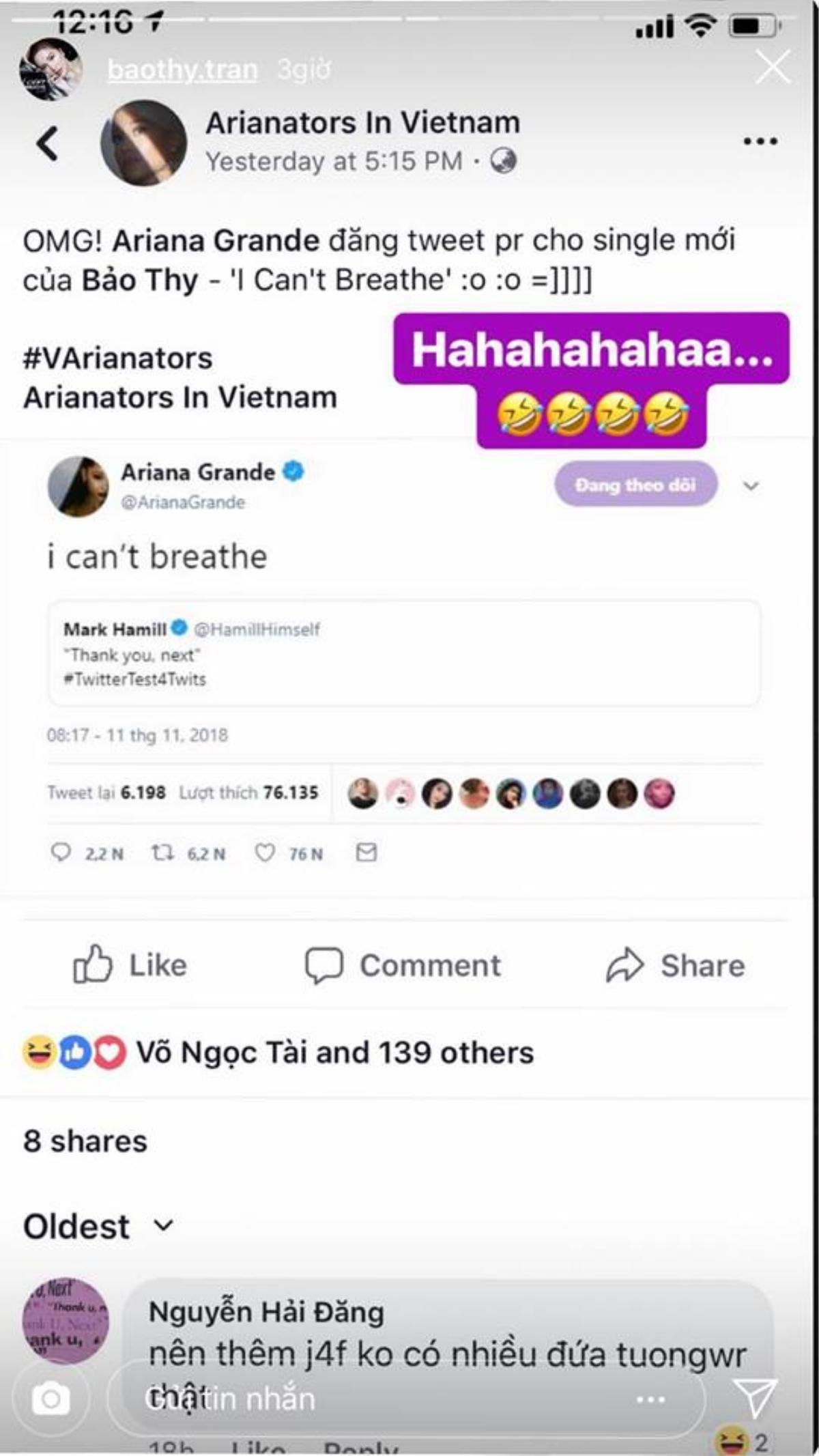 Tin được không: Ariana Grande vừa… vô tư 'PR miễn phí' MV mới của Bảo Thy trên Twitter? Ảnh 1