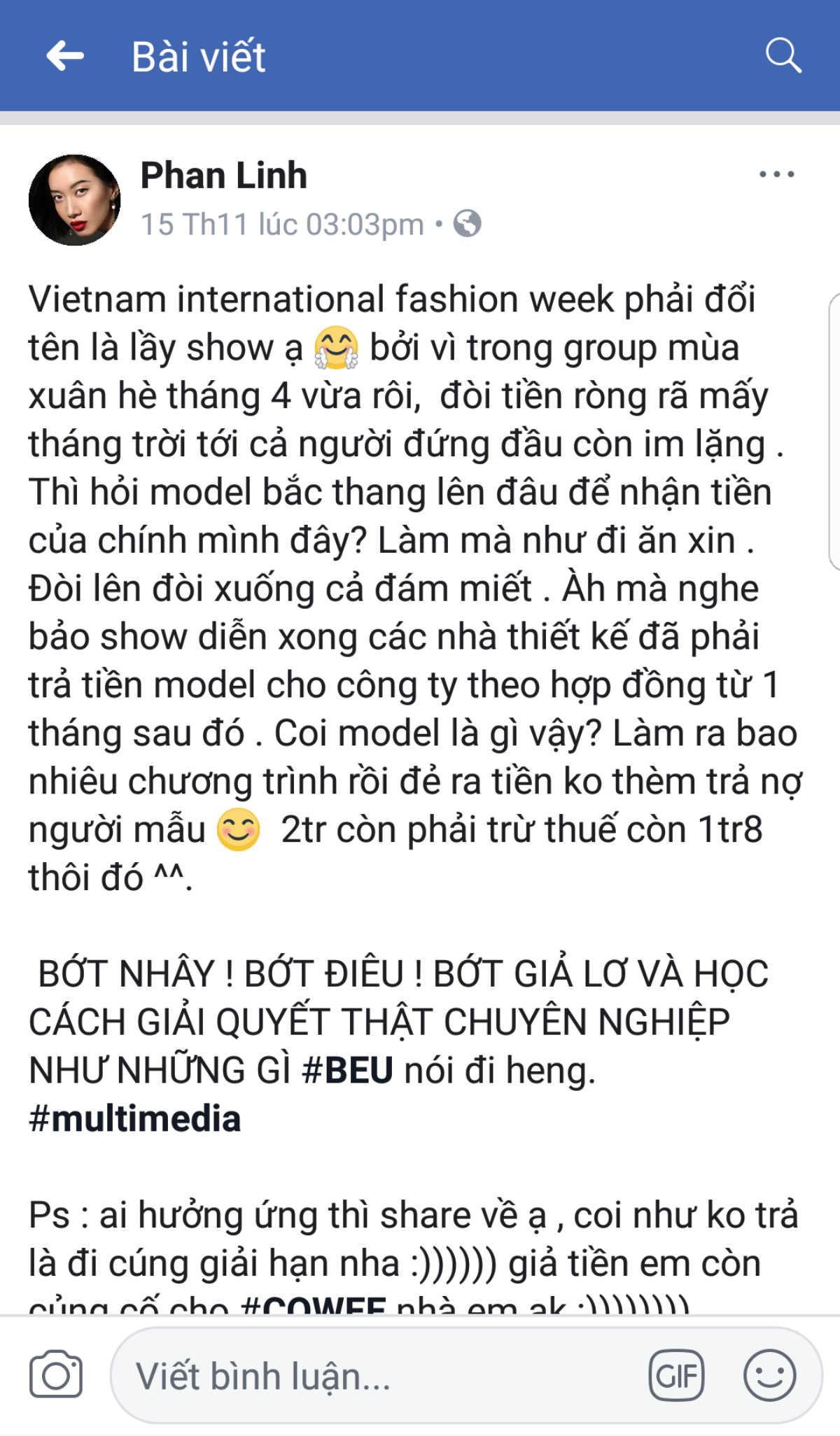 Hé lộ mức cát-xê rẻ bèo BTC Tuần lễ thời trang Quốc tế Việt Nam hứa hẹn trả cho người mẫu Ảnh 1