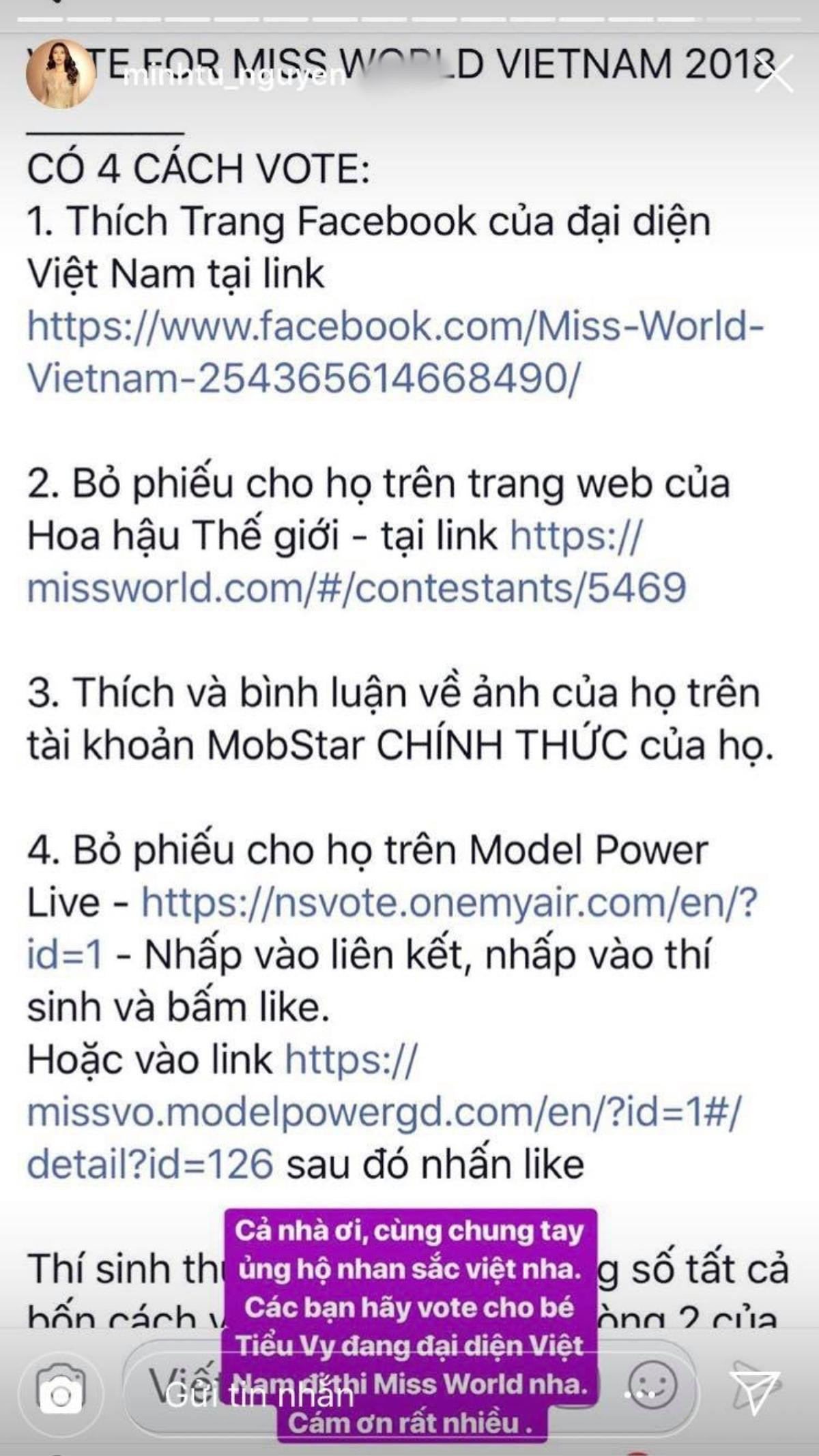 'Em chưa ngã, chị đã nâng': Đang miệt mài 'chinh chiến', Minh Tú vẫn không quên kêu gọi bình chọn cho Tiểu Vy Ảnh 1