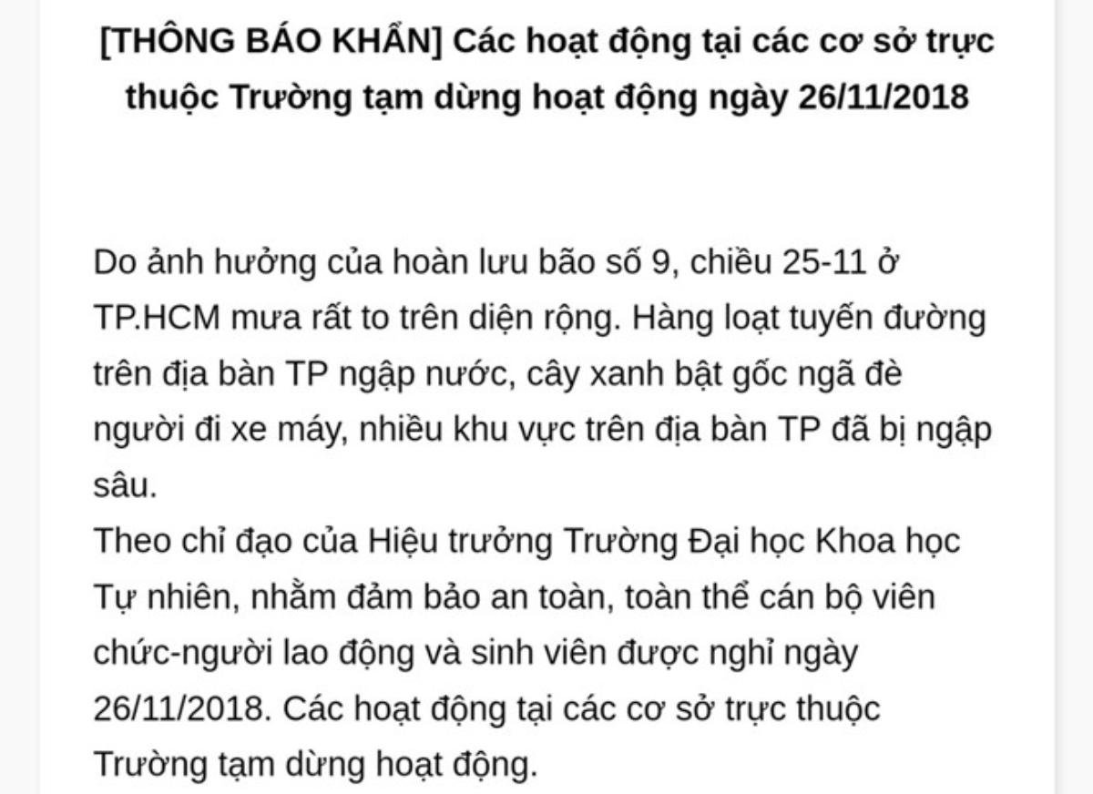 Lo ngại mưa ngập do ảnh hưởng của bão số 9, nhiều trường ĐH ở Sài Gòn tiếp tục cho sinh viên nghỉ học Ảnh 1