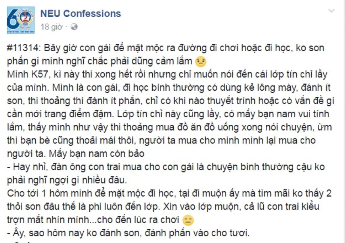 Một nữ sinh chia sẻ trên NEU Confession về câu chuyện bị đám con trai chê cười khi đến lớp không trang điểm