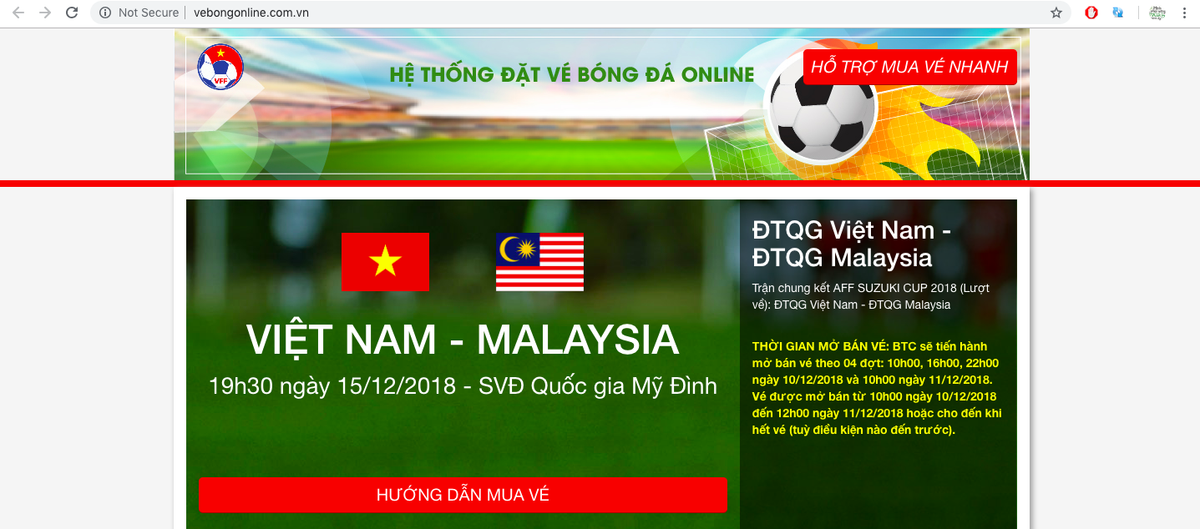 Xuất hiện website bán vé AFF Cup 2018 giả mạo có giao diện giống hệt hệ thống của VFF Ảnh 1