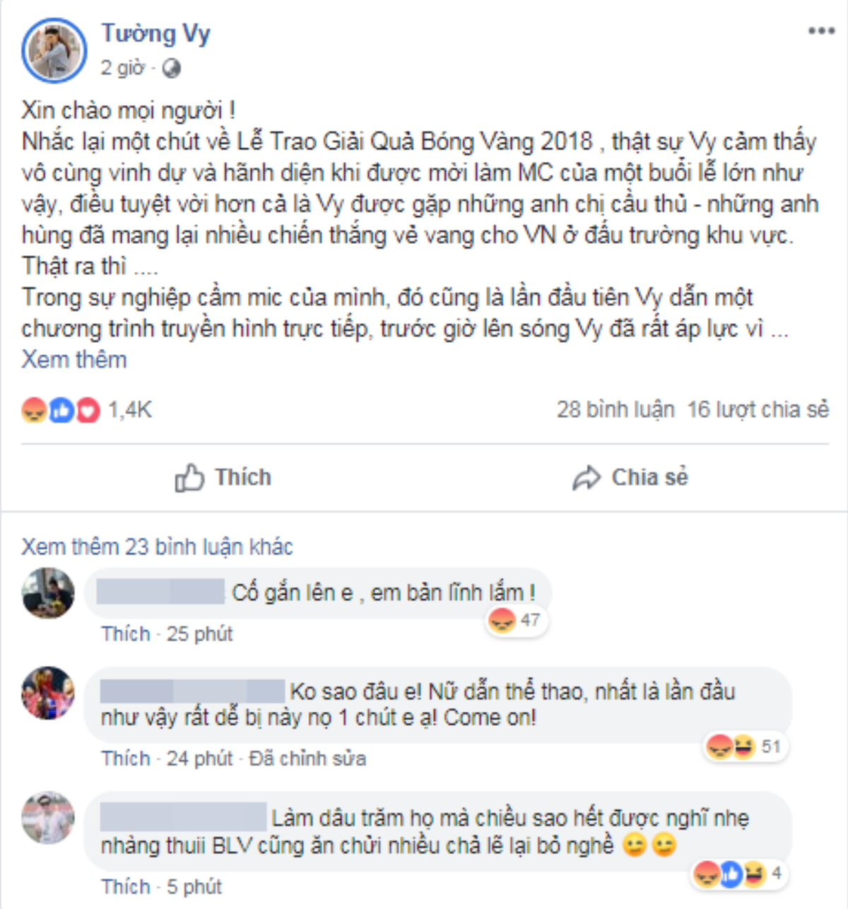 Bị người hâm mộ 'ném đá' vì kêu gọi khách mời dự đoán kết quả 'giải bóng vàng', MC Tường Vy nói gì? Ảnh 1