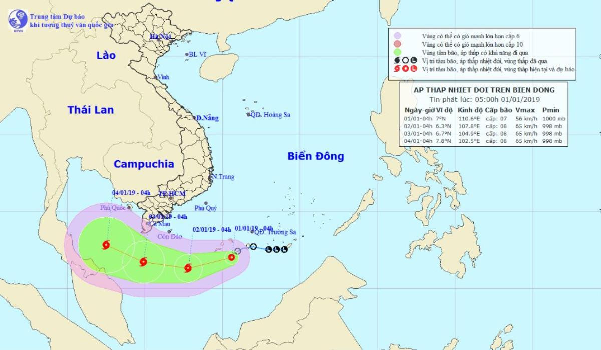 Vị trí và hướng di chuyển tiếp theo của bão Pabuk. Ảnh Trung tâm Dự báo KTTVQG.