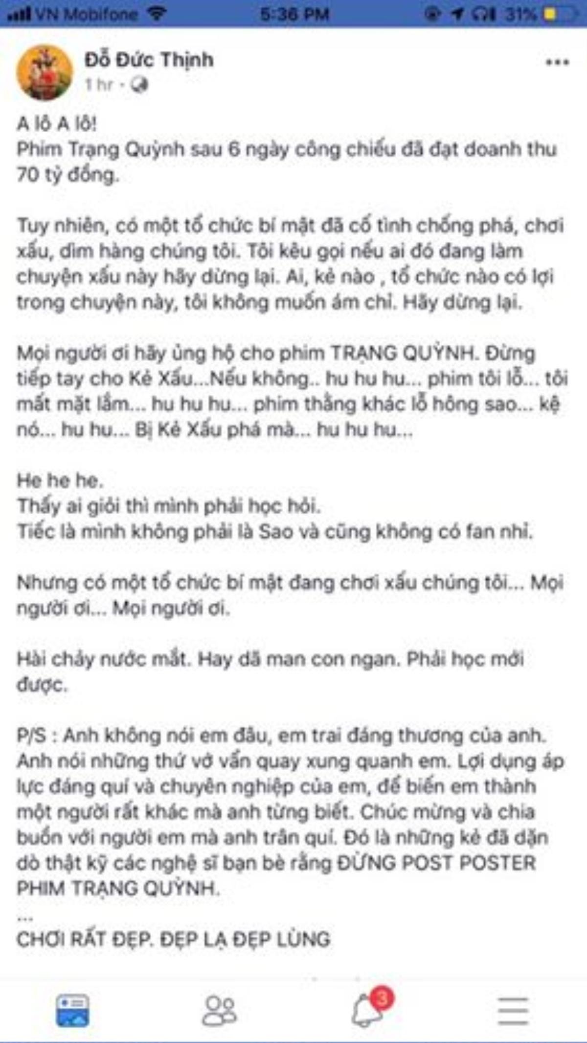 Drama tiếp diễn: Công bố ‘Trạng Quỳnh’ đạt 70 tỷ nhưng Đức Thịnh châm biếm ai đó, phải chăng là Trấn Thành? Ảnh 4