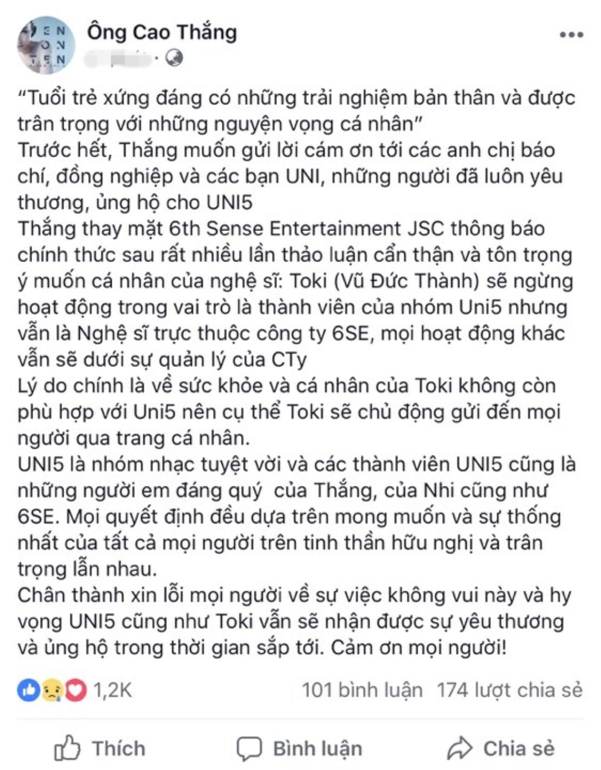 SỐC: Ông Cao Thắng xác nhận, Toki - Vũ Đức Thành chính thức rời khỏi Uni5 vì lý do này! Ảnh 3