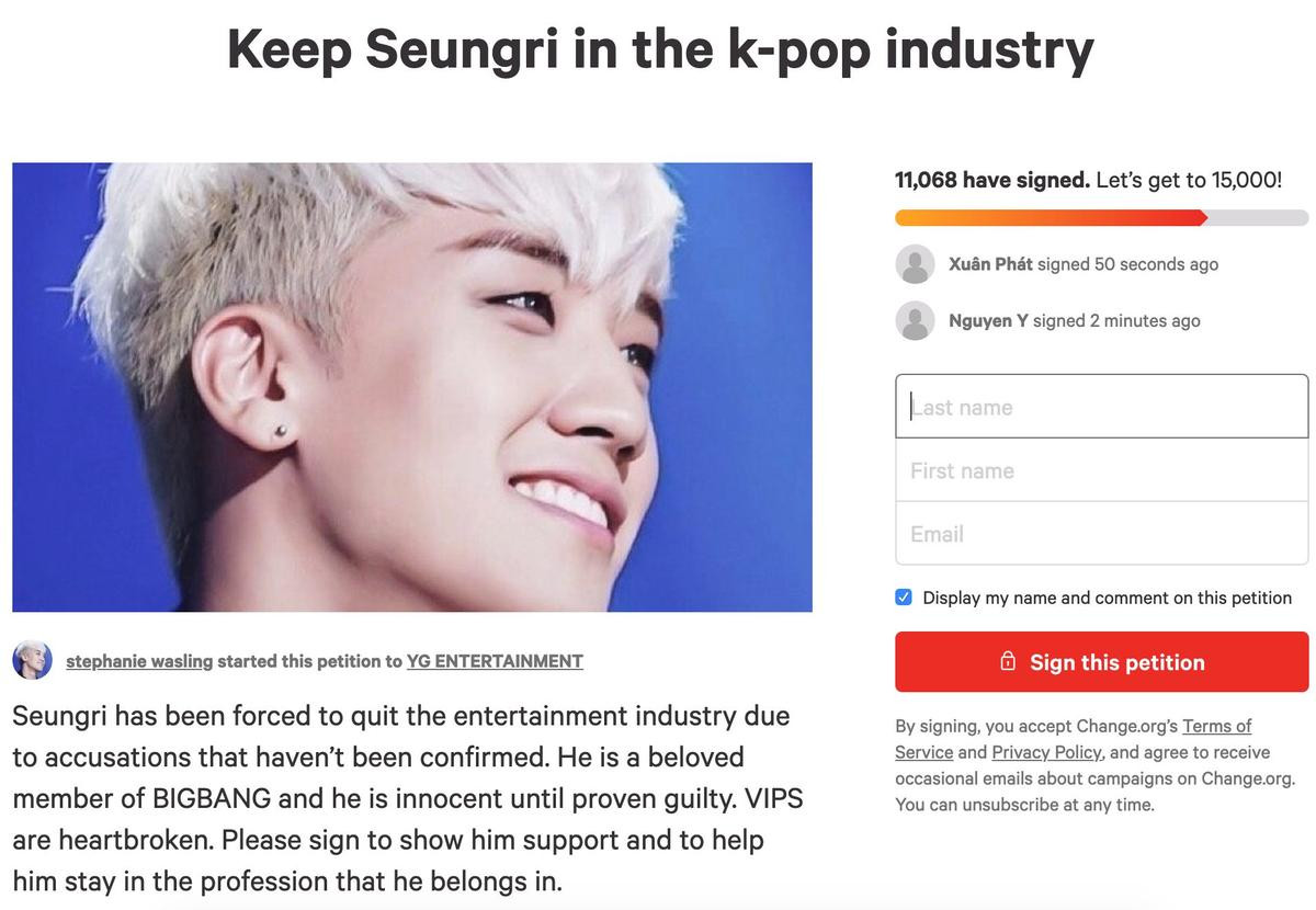 Giữa scandal rúng động, hơn 10.000 fan ký tên bênh vực Seungri: 'Anh ấy vẫn vô tội trước khi được chứng minh… có tội' Ảnh 2