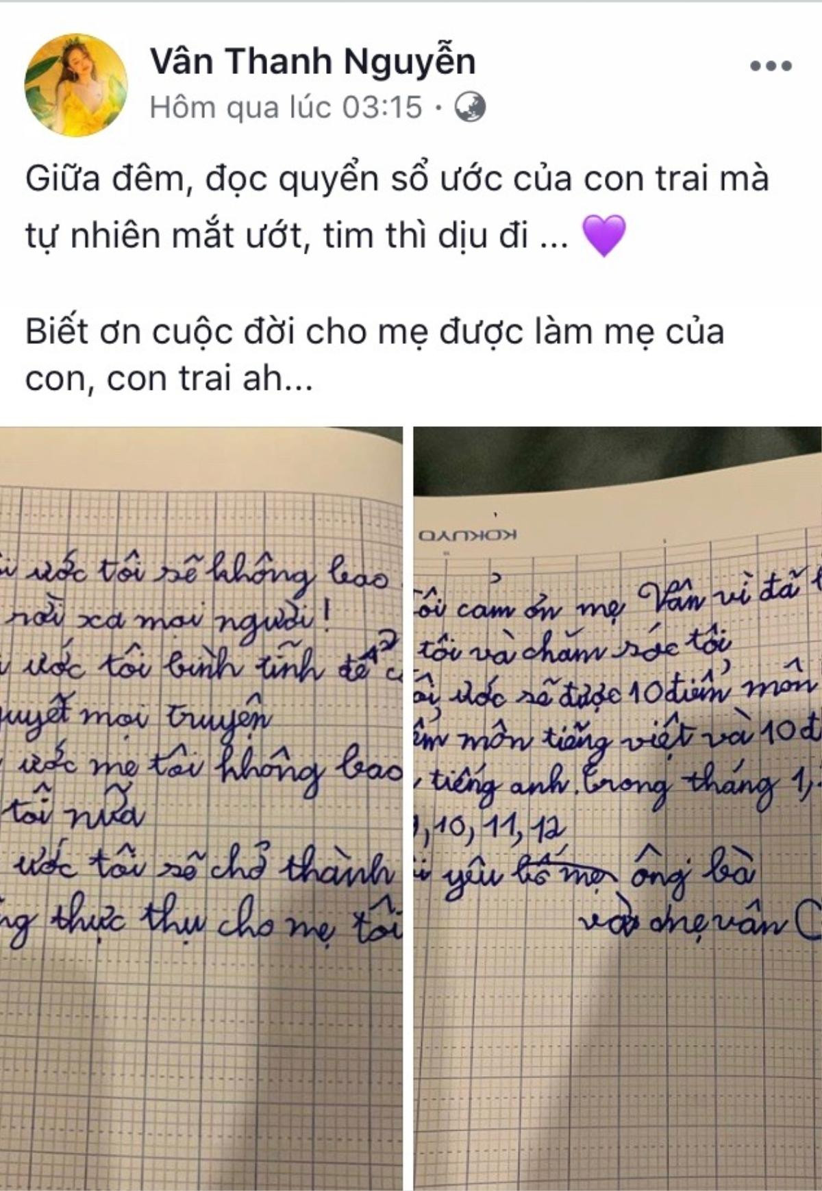 Lỡ viết ‘Con yêu bố mẹ’ nhưng lại gạch đi, dòng tâm sự trong quyển sổ ước của con trai Vân Hugo khiến nhiều người rơi nước mắt Ảnh 1