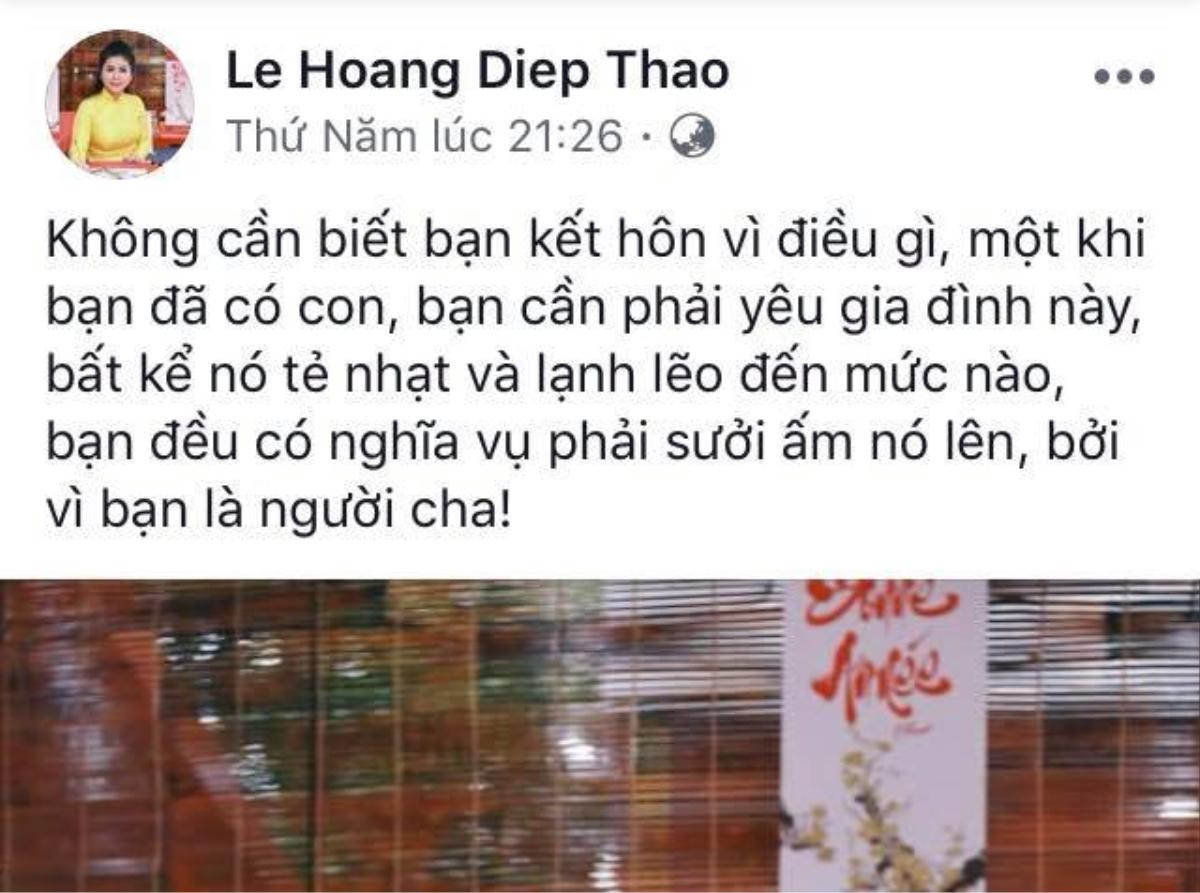 Bà Lê Hoàng Diệp Thảo bất ngờ ẩn ý về trách nhiệm của một người cha khi ngày xét xử vụ ly hôn đang cận kề Ảnh 1