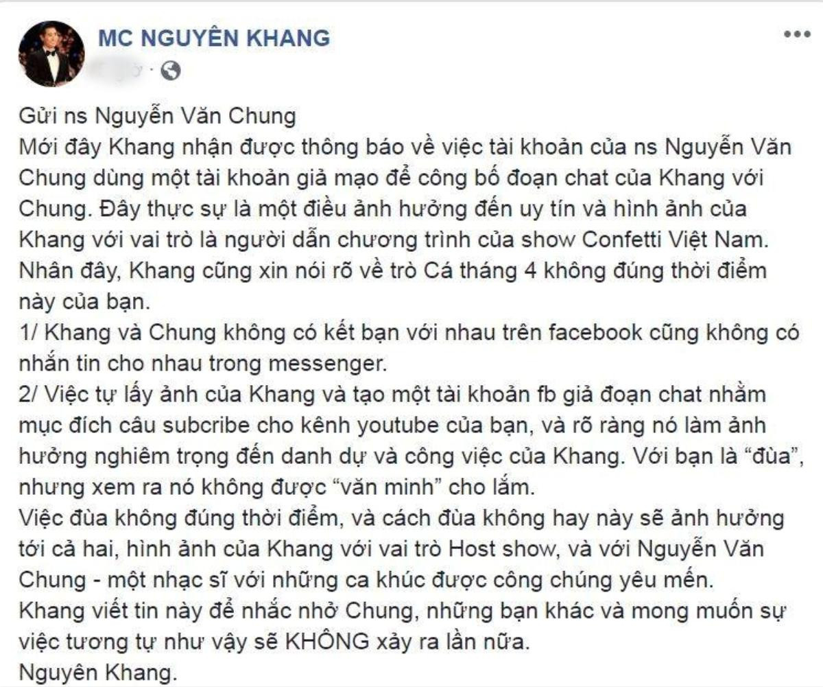 Chưa đến ngày 'cá tháng tư' nhưng nhạc sĩ Nguyễn Văn Chung đã 'chơi' MC Nguyên Khang một cú quá đau! Ảnh 2