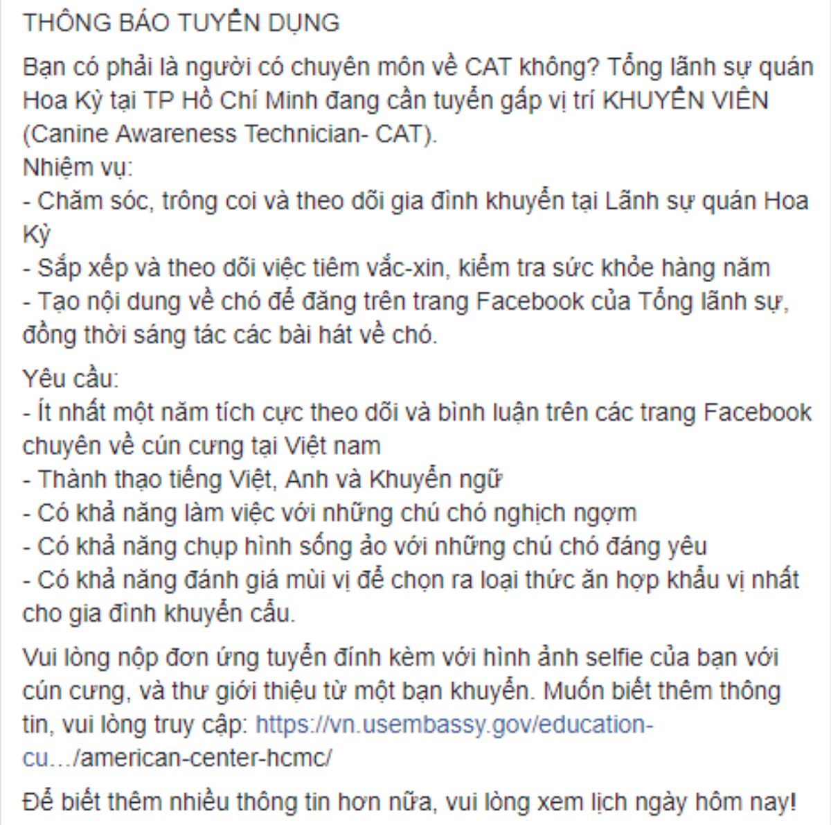 Tổng lãnh sự Mỹ tại TP. HCM tuyển 'khuyển viên', yêu cầu hiểu ngôn ngữ của chó khiến cộng đồng mạng rục rịch nộp đơn Ảnh 2