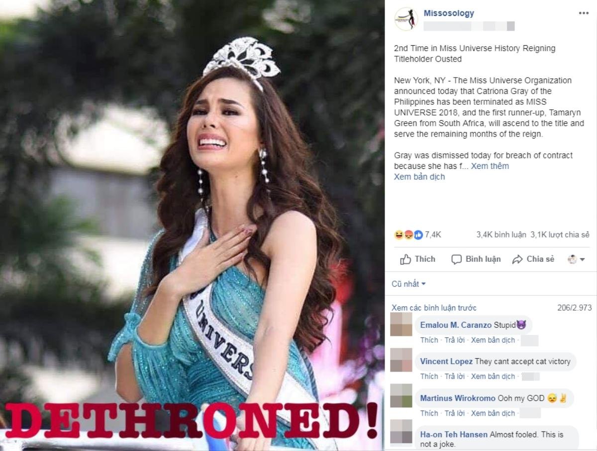 Missosology tước vương miện Miss Universe Catriona Gray: Trò Cá tháng 4 kém duyên nhất! Ảnh 1