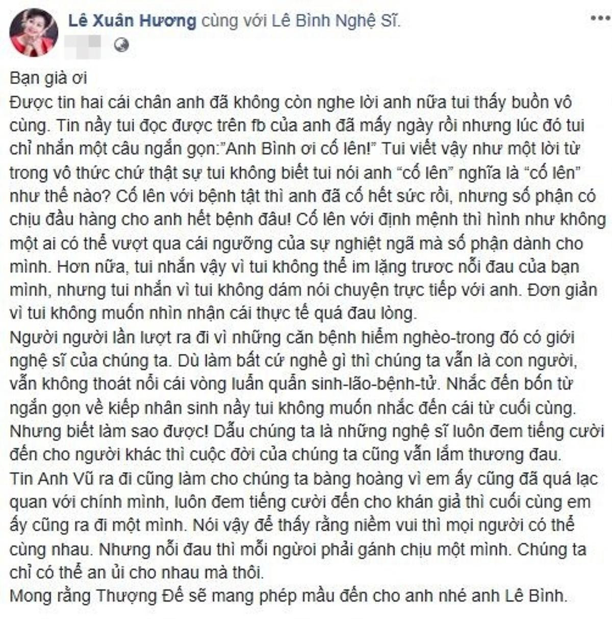 Nghệ sĩ Việt kêu gọi ủng hộ khi biết tin sức khỏe diễn viên Lê Bình ngày một chuyển biến xấu Ảnh 3