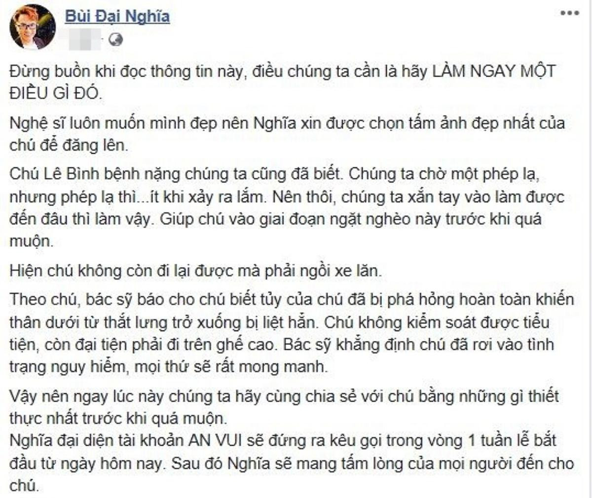 Nghệ sĩ Việt kêu gọi ủng hộ khi biết tin sức khỏe diễn viên Lê Bình ngày một chuyển biến xấu Ảnh 2