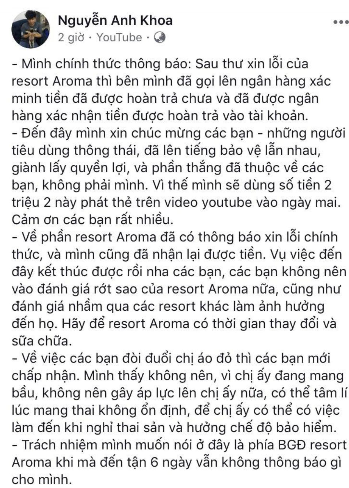 Đã nhận lại 2,2 triệu từ Aroma Resort, Khoa Pug mong cư dân mạng 'tha' cho nữ lễ tân đang mang bầu Ảnh 1