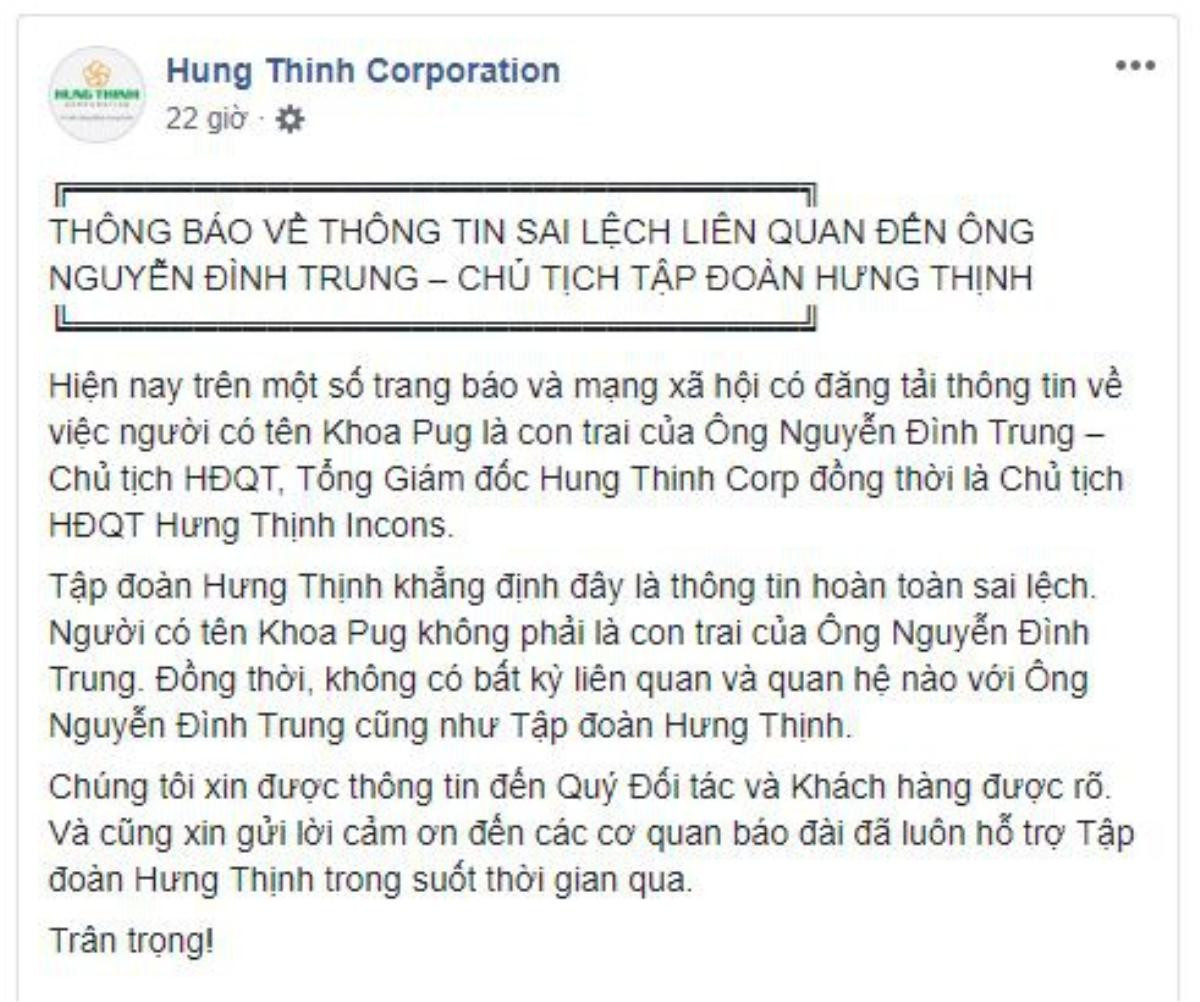 Rộ thông tin Khoa Pug là con trai chủ tịch HĐQT, công ty địa ốc Hưng Thịnh nói gì? Ảnh 3