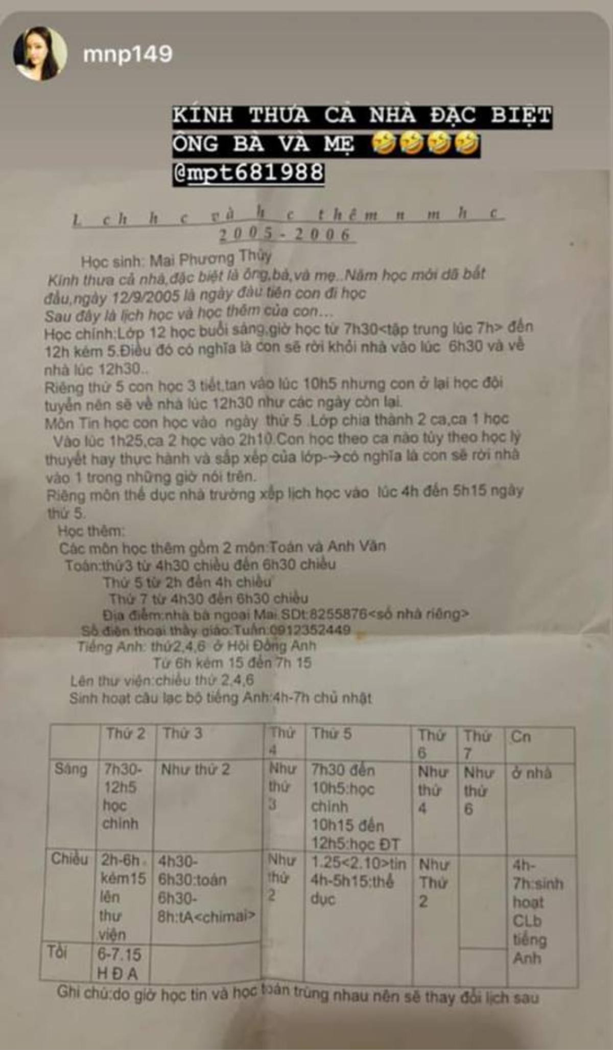 'Cười ngất' với 'tờ khai' lịch học ngày xưa của Mai Phương Thúy: Tính toán cả giờ rời khỏi nhà và về đến nơi! Ảnh 1