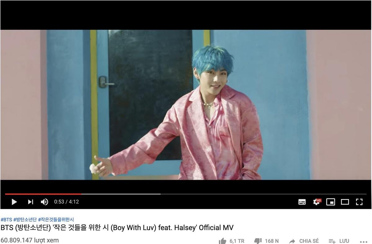 MV 'Boy With Luv' của BTS và Halsey tiếp tục công phá cột mốc 60 triệu view trên YouTube Ảnh 1