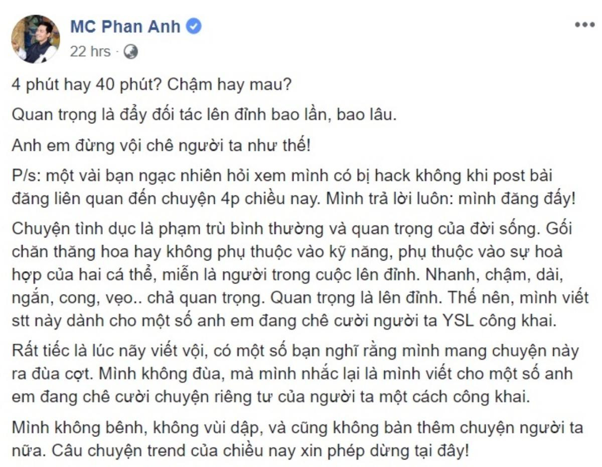 Dòng trạng thái bỡn cợt của MC Phan Anh về vụ việc hotgirl Hà thành lộ clip nóng nổ ra làn sóng chỉ trích dữ dội Ảnh 2