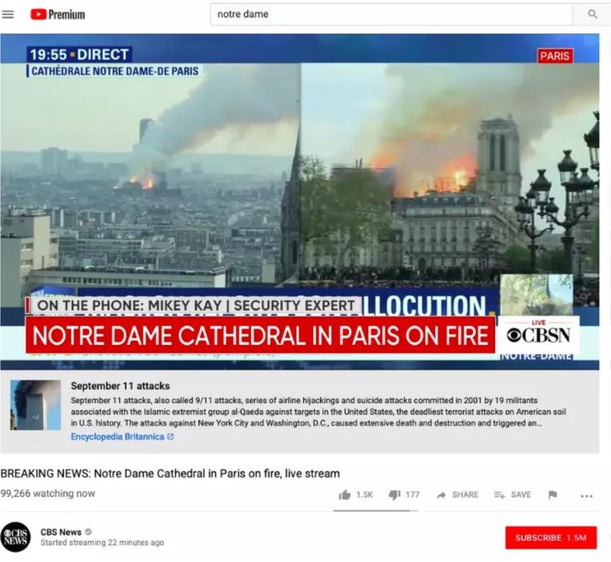 YouTube gây bất ngờ khi cho rằng hoả hoạn tại Nhà thờ Đức Bà có liên quan đến vụ khủng bố 11/9 Ảnh 2