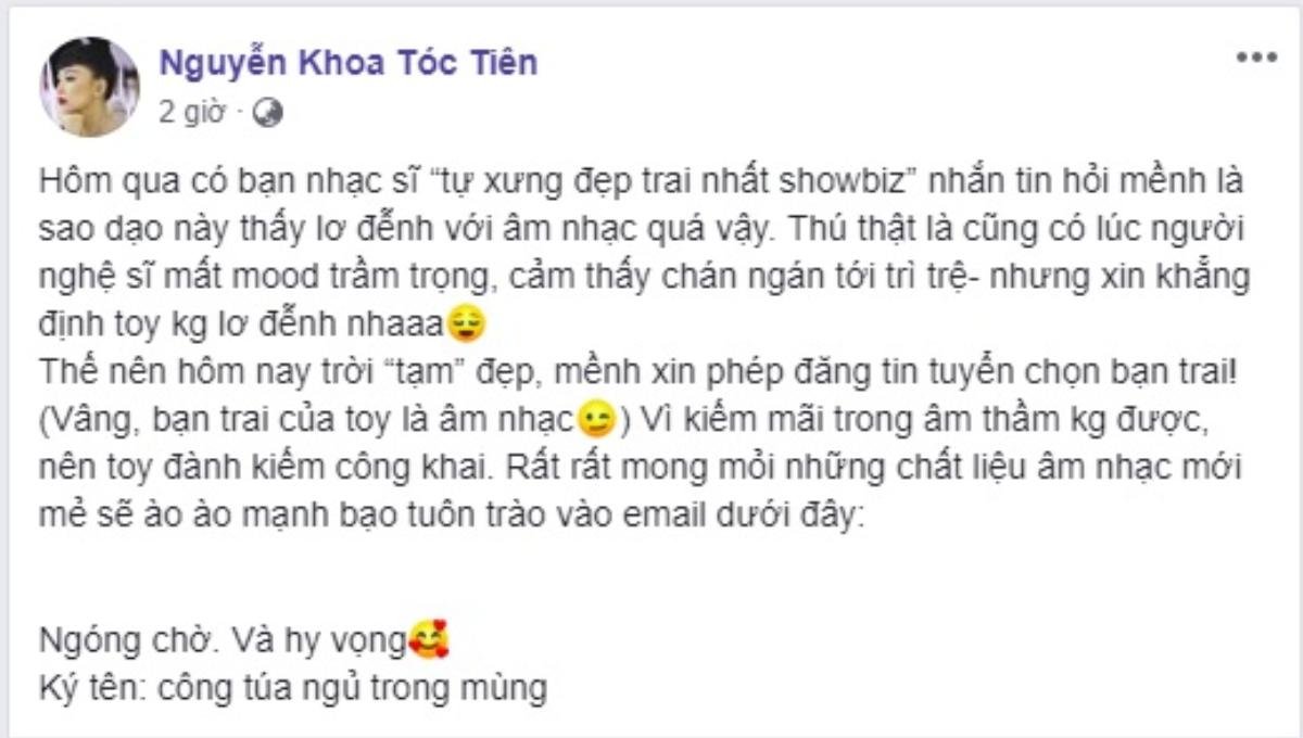 Hậu chiến thắng 'Bài hát của năm', Tóc Tiên bất ngờ đăng tin… 'tuyển bạn trai' khiến fan 'giật thót' Ảnh 1