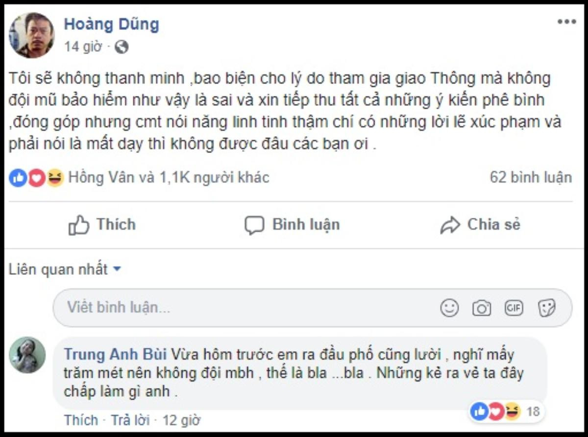 'Người phán xử' Hoàng Dũng nhanh chóng nhận sai vì ra đường không đội mũ bảo hiểm Ảnh 1