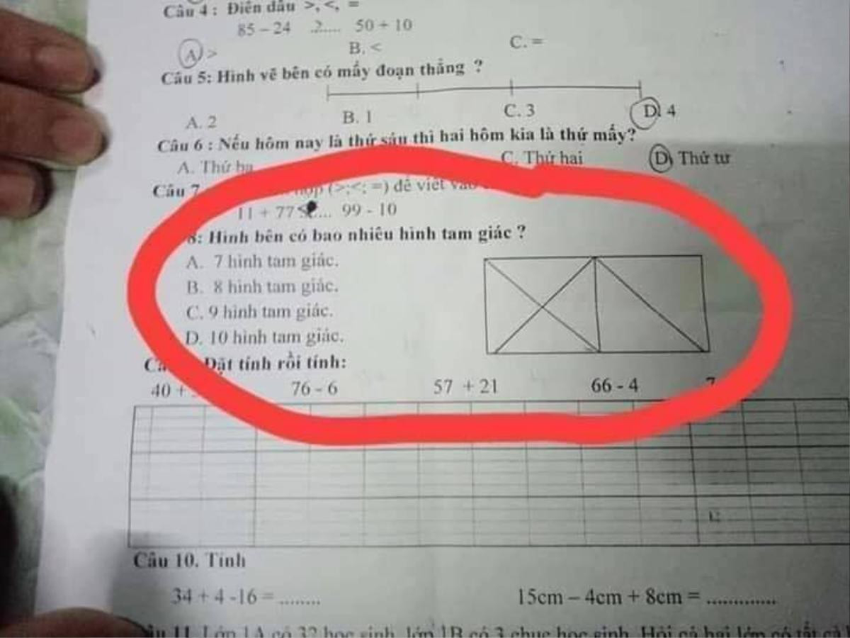 Bài toán đếm hình tam giác của học sinh tiểu học gây tranh cãi nhất hôm nay: 7 hình, 8 hình hay 11 hình? Ảnh 1