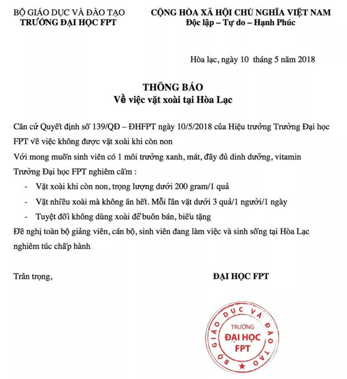 Ngăn sinh viên trộm xoài lậu, Đại học FPT ra công văn: 'Nghiêm cấm vặt xoài 3 quả/1 người/1 ngày vì… không ăn hết' Ảnh 1