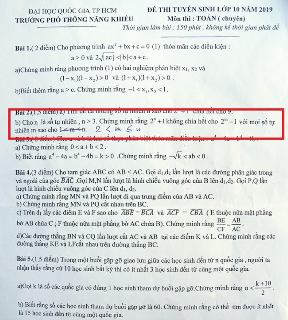 Đề thi Toán Trường Phổ thông Năng khiếu ở TP.HCM có sai sót Ảnh 1