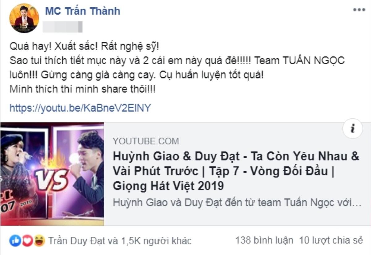 Trấn Thành phấn khích vì phần thi của Huỳnh Giao - Duy Đạt, nể phục HLV kỳ cựu Tuấn Ngọc Ảnh 1