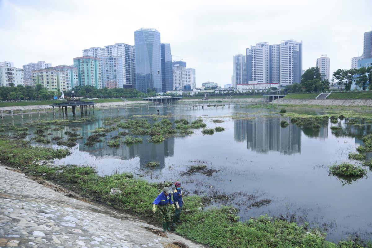 Công nhân thu dọn lòng hồ ô nhiễm như 'bãi đầm hoang' ở công viên gần 300 tỷ Hà Nội Ảnh 1