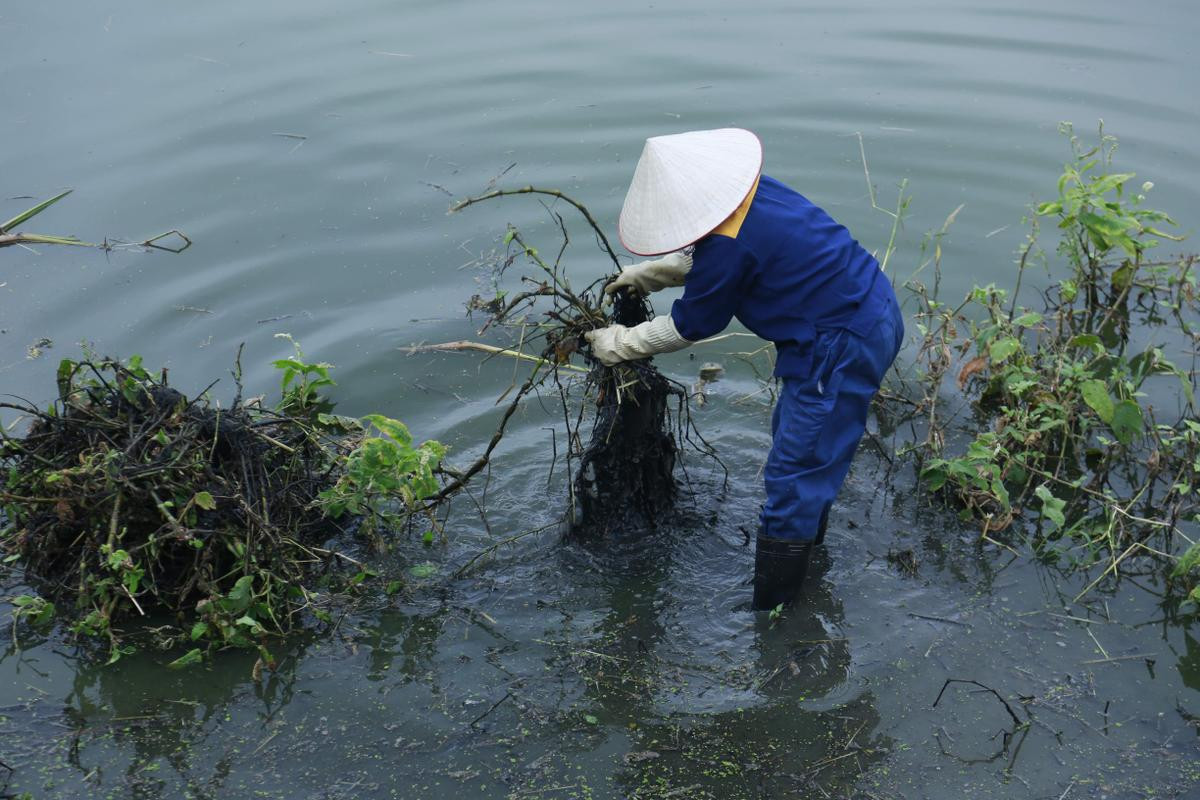 Công nhân thu dọn lòng hồ ô nhiễm như 'bãi đầm hoang' ở công viên gần 300 tỷ Hà Nội Ảnh 5