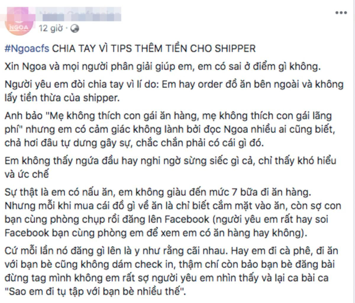 Tips thêm tiền cho shipper, cô gái bị người yêu mắng mỏ là 'lãng phí, sĩ diện' và đòi chia tay Ảnh 1