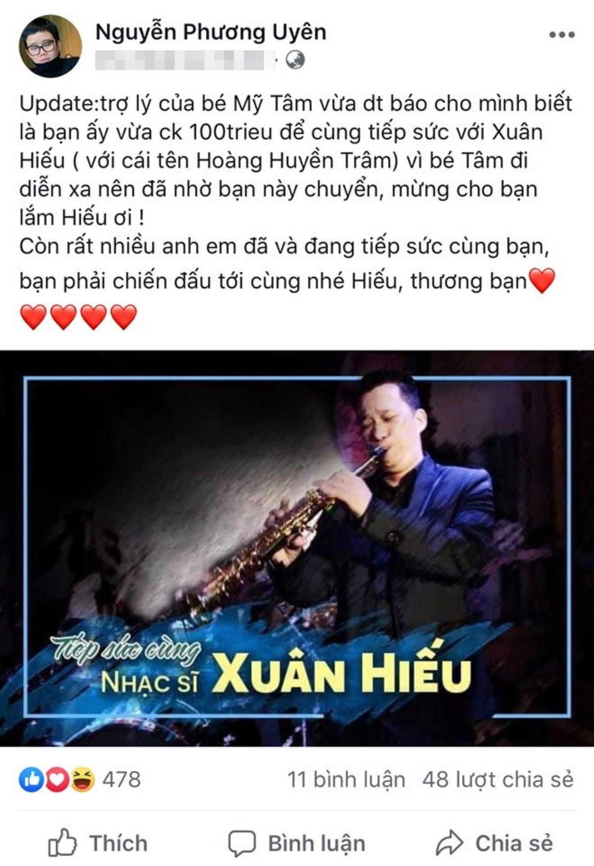 Mỹ Tâm ủng hộ 100 triệu đồng cho nghệ sĩ saxophone Xuân Hiếu bị ung thư Ảnh 2