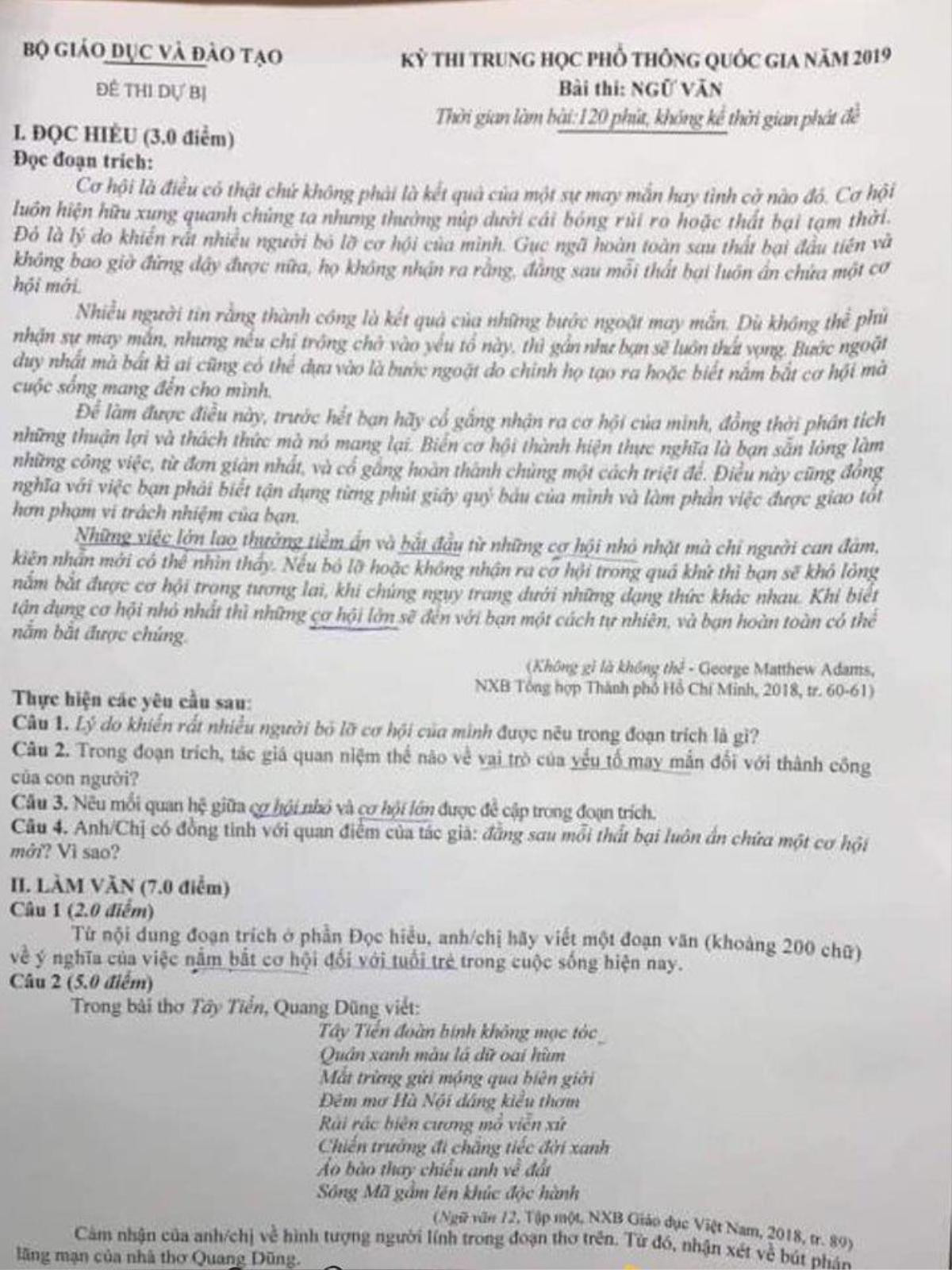 Kỳ thi THPT Quốc gia 2019: 4 thí sinh phải thi lại môn Ngữ Văn bằng đề thi dự bị Ảnh 1