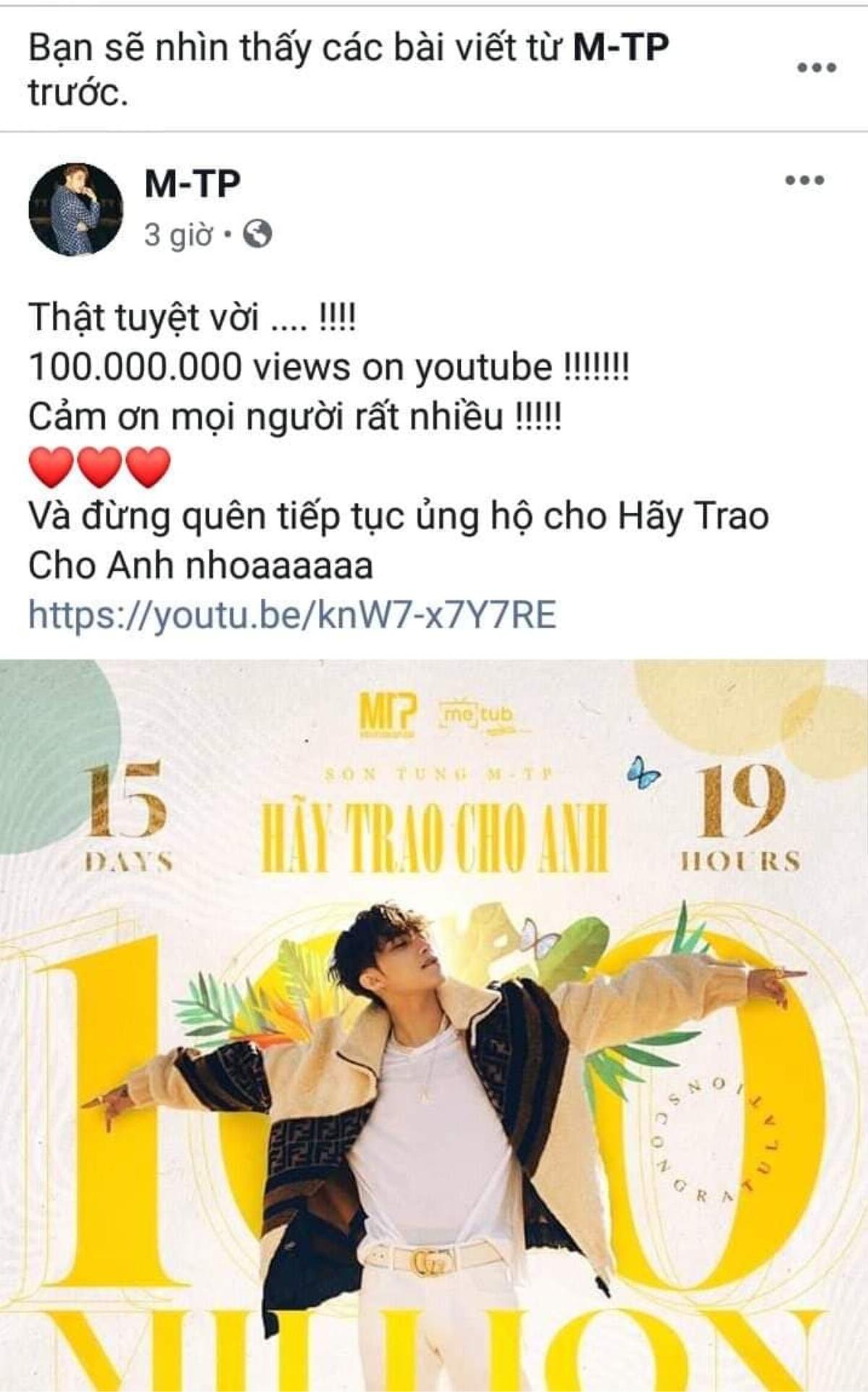 Góc hoang mang: 'Hãy trao cho anh' đạt 100 triệu view nhưng Sơn Tùng lại kêu gọi mọi người ủng hộ… 'Em của ngày hôm qua'? Ảnh 2