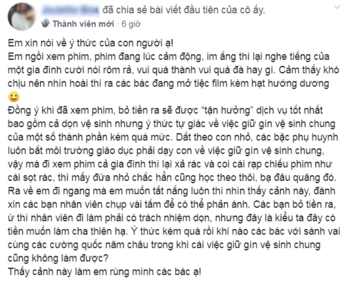 Nhóm khách vô tư xả rác bừa bãi, cười nói rôm rả trong rạp chiếu phim gây bức xúc Ảnh 1