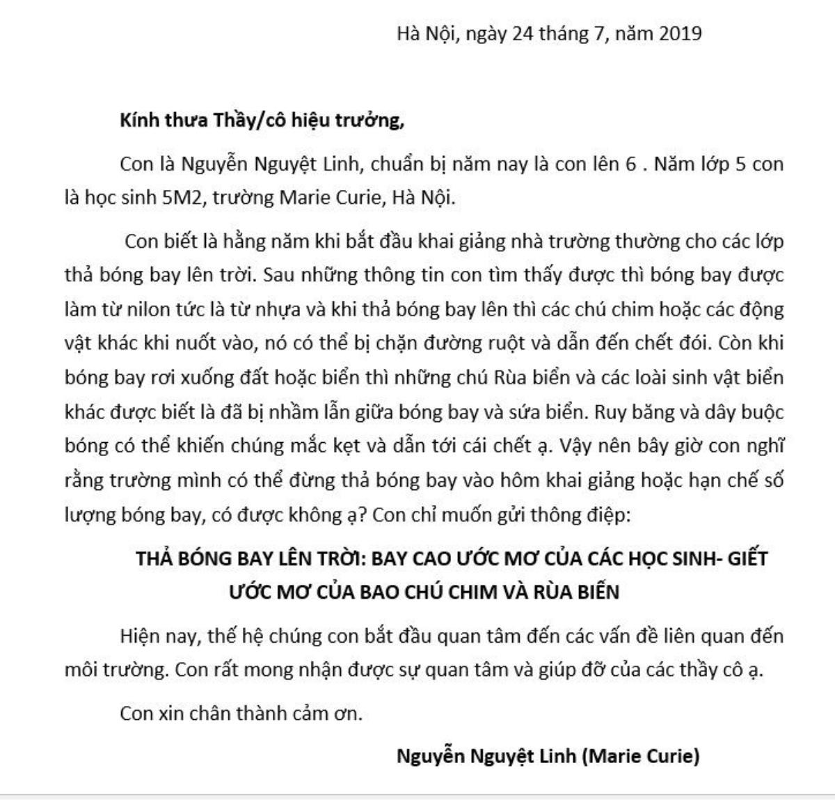 Cô học trò nhỏ viết tâm thư đề nghị không thả bóng bay trong lễ khai giảng khiến Hiệu trưởng xúc động và tự hào Ảnh 2