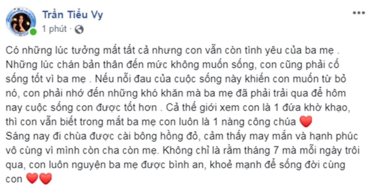 Lễ Vu Lan, Tiểu Vy nghẹn ngào viết tâm thư gửi mẹ: 'Từng chán sống, bị xem là khờ khạo' Ảnh 1