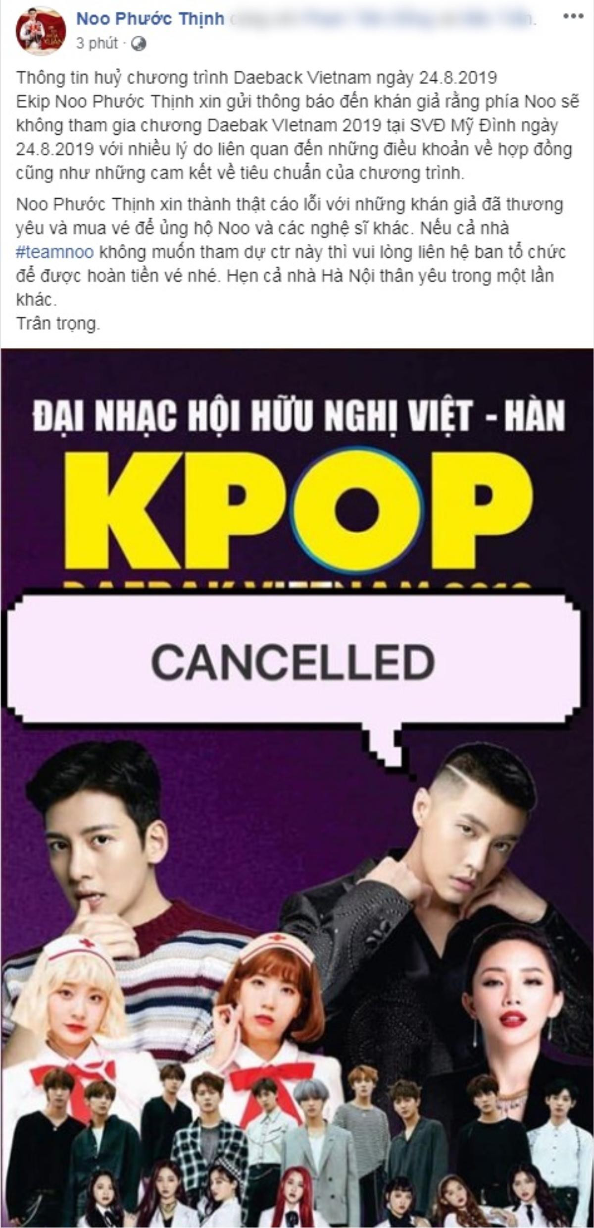 HOT: Tóc Tiên, Noo Phước Thịnh và loạt nghệ sĩ Hàn đồng loạt thông báo hủy đêm nhạc Kpop tại Hà Nội vào 24/8 Ảnh 3