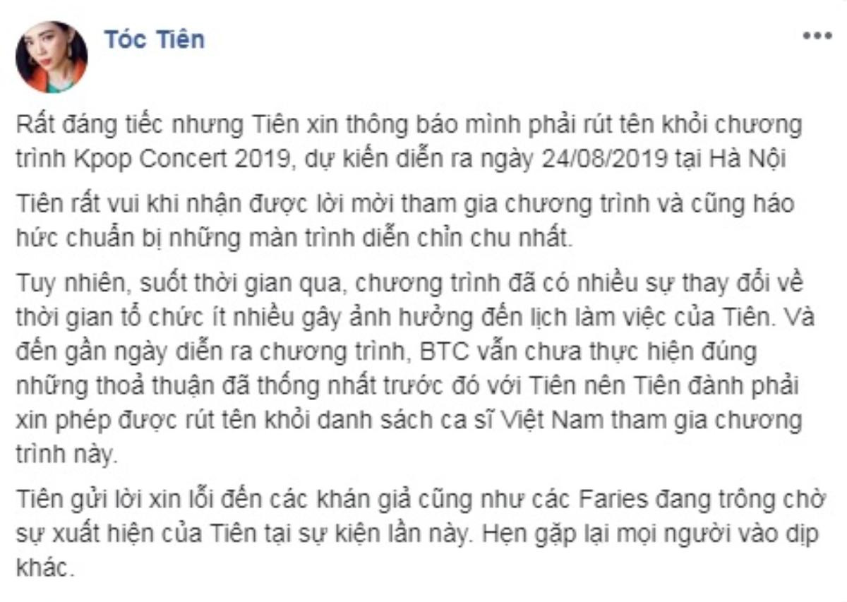 HOT: Tóc Tiên, Noo Phước Thịnh và loạt nghệ sĩ Hàn đồng loạt thông báo hủy đêm nhạc Kpop tại Hà Nội vào 24/8 Ảnh 1