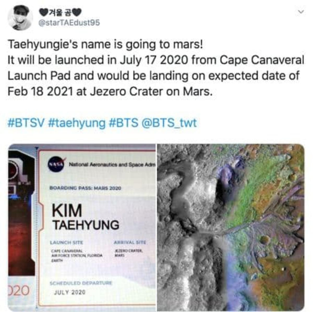 V (BTS) sẽ là nghệ sĩ Kpop đầu tiên được… gửi tên lên sao Hỏa vào năm 2020 Ảnh 1