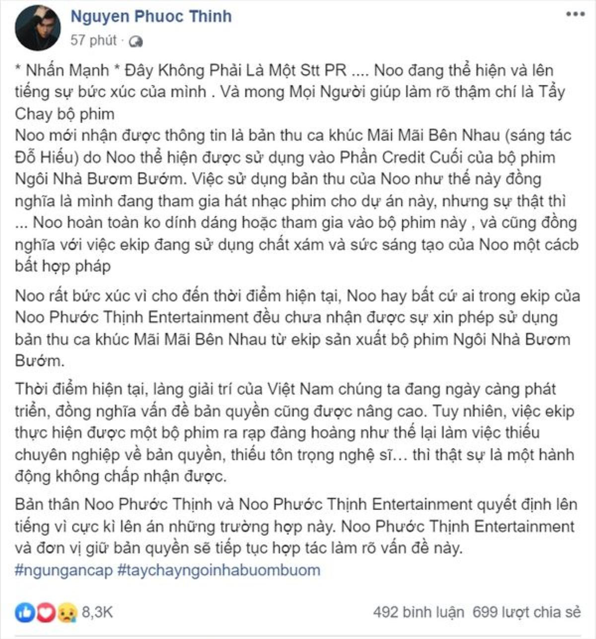 HOT: Noo Phước Thịnh thông qua luật sư gửi 'Cảnh báo quyền tác giả, quyền liên quan' đến đoàn phim 'Ngôi nhà bươm bướm' Ảnh 1